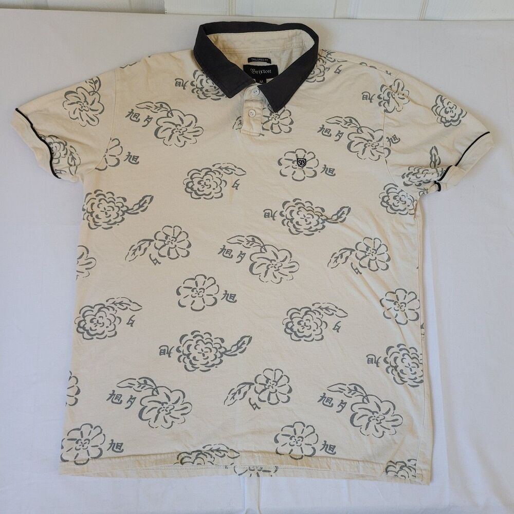 Brixton Tailored Fit Polo Shirt Mens M Cream Floral Print Short Sleeve